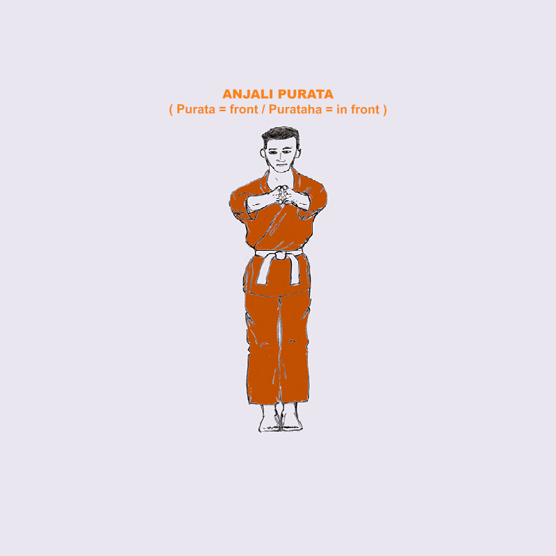 Surya Namaskara pose Anjali Purata or Purataha, both palm closed at solar plexus level in the Yoga Asana, Meditation and Mudra -3