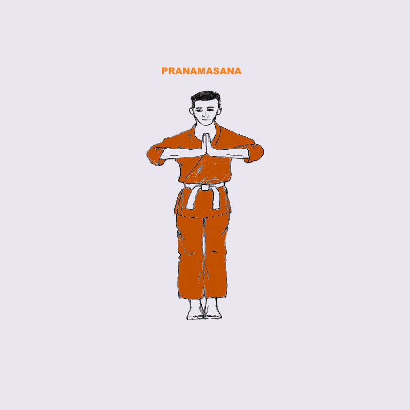Surya Namaskara pose Pranamasana with Athma Anjali Mudra in the Yoga Asana, Meditation and Mudra